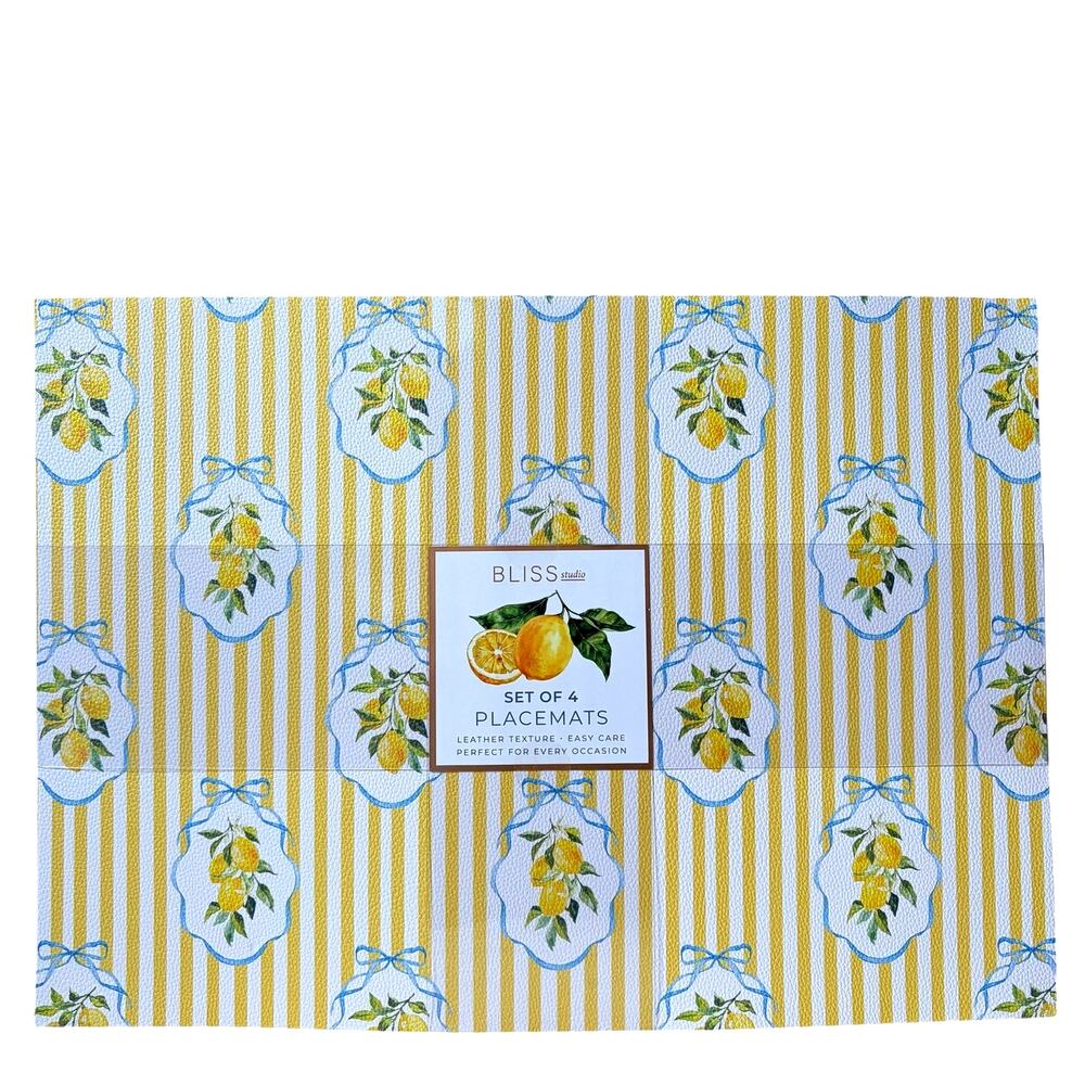 Bliss Studio Summer Lemon Faux Leather Placemats 13x18 Easy Care Set of 4 NEW